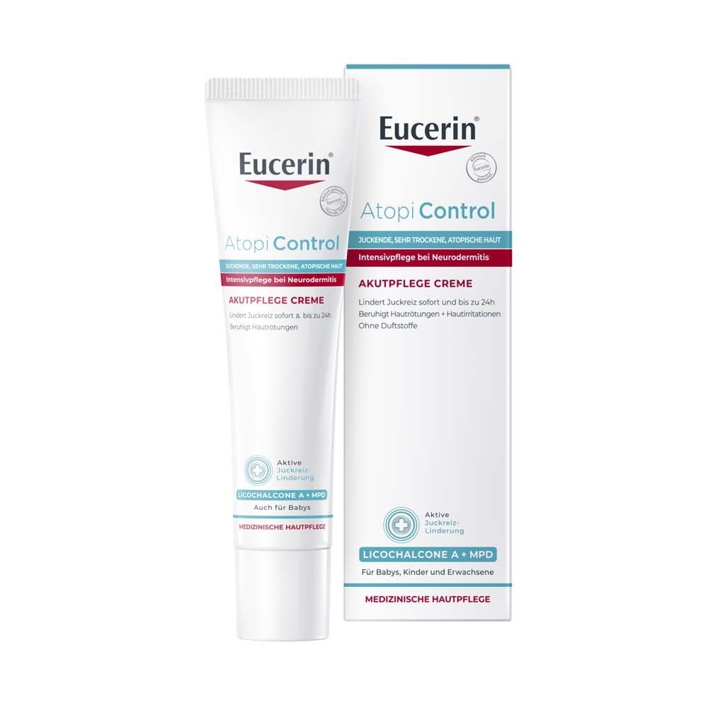 Eucerin® AtopiControl Akutpflege Creme reduziert Juckreiz und lindert Rötungen bei akuten Neurodermitisschüben. - Jetzt 3€ sparen mit Code 