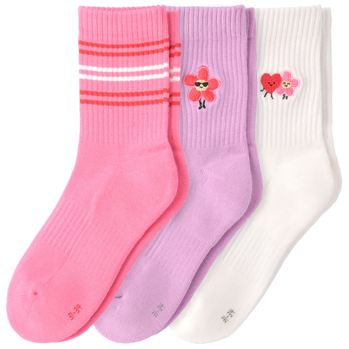 Famy 3 Paar Mädchen Socken mit bunten Motiven rosa / helllila / weiss