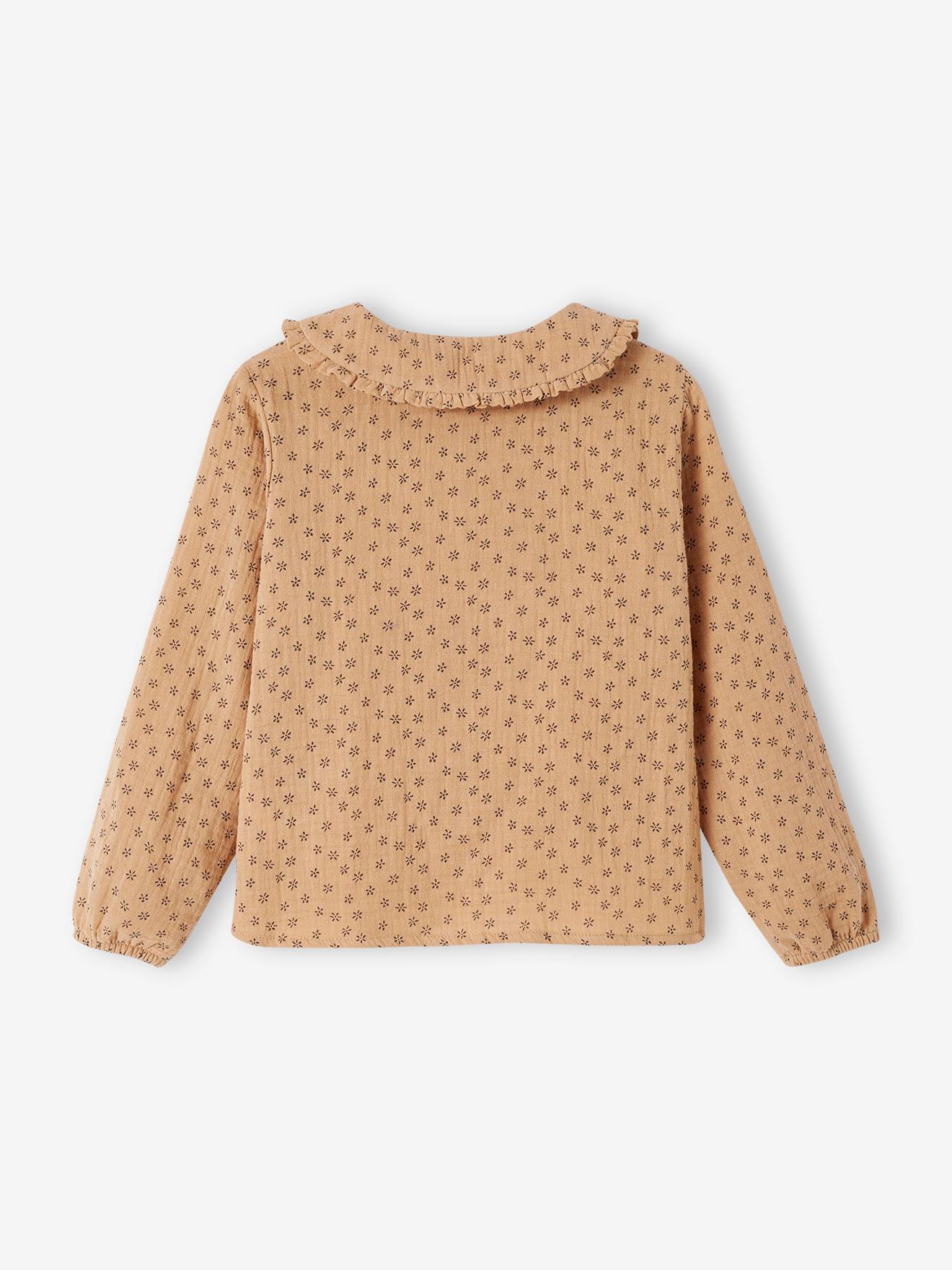 Blusa de chiffon de algodão com detalhes de babados e estampas, para meninas, tamanho médio, estampa branca.