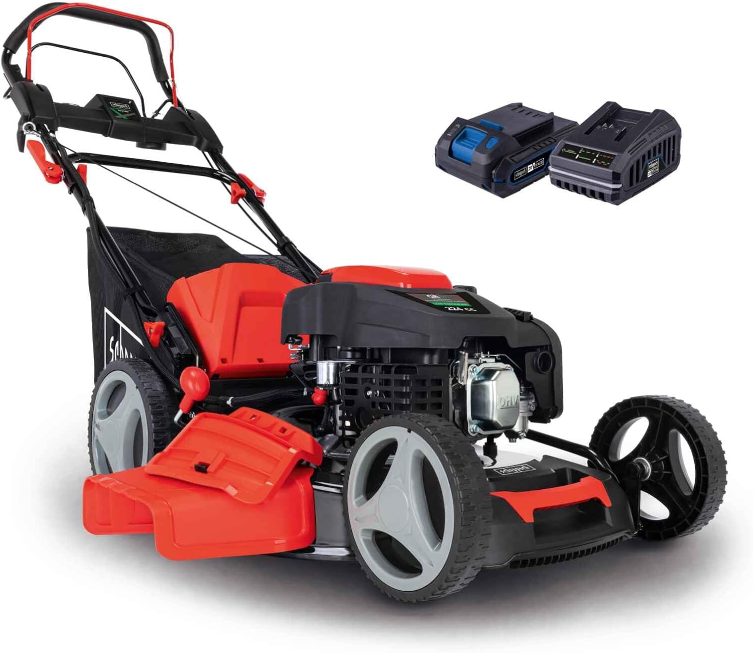 Scheppach Benzin Rasenmäher MS225-53E mit E-Start | Radantrieb | 6PS | 53 cm Schnittbreite | 7-fache Schnitthöhenverstellung | 65 Liter Fangkorb | Reinigungsfunktion | Mulchfunktion | Seitenauswurf