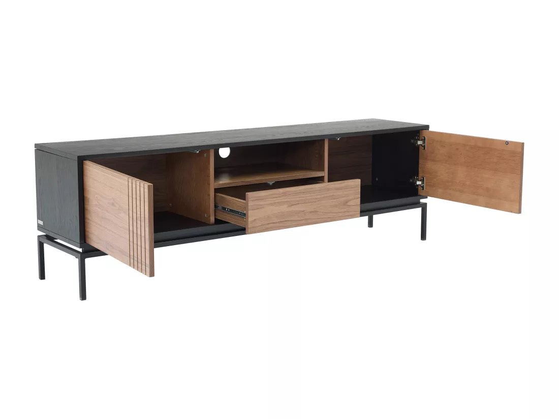 Meuble TV avec 2 portes, 1 tiroir et 1 niche placage noyer et métal - Naturel foncé et Noir - ZINORI