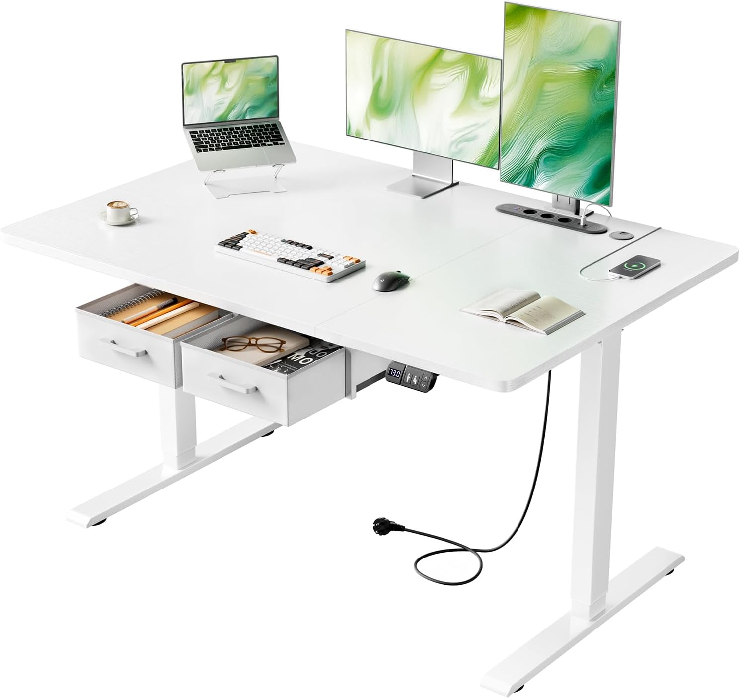 Höhenverstellbarer Schreibtisch 120 x 80 cm mit Schubladen, Schreibtisch Höhenverstellbar Elektrisch mit Steckdosen und USB-Buchse, Stabiler Standing Desk mit Memory Funktion, Weiß