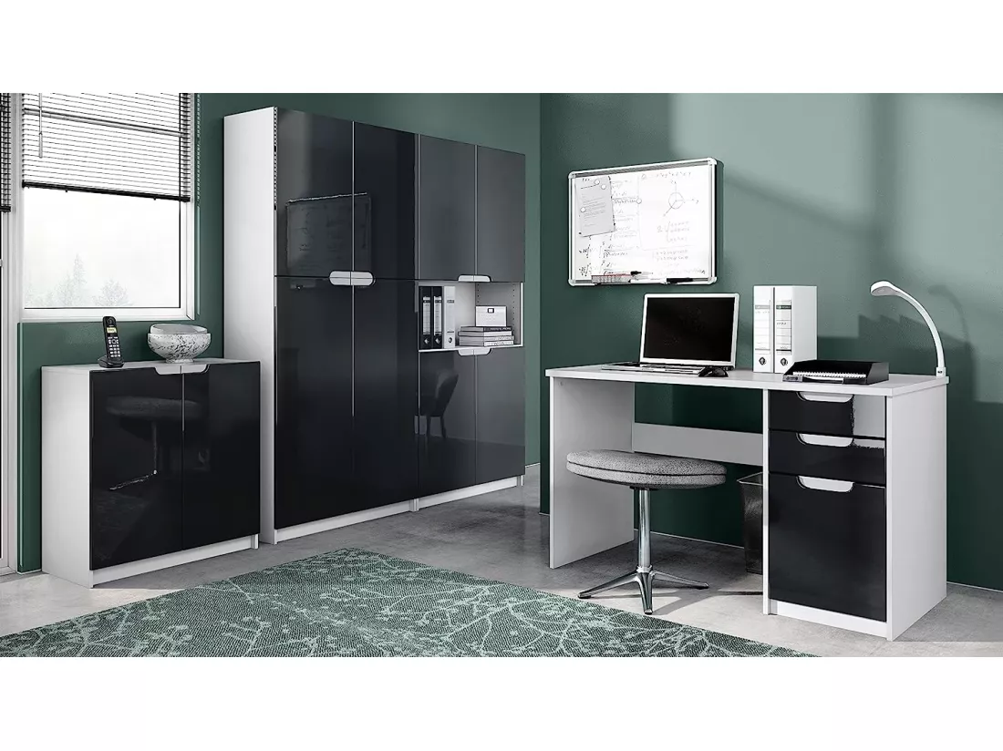 Ensemble de Meubles de Bureau Corps en Blanc Mat/Façades en Noir Haute Brillance