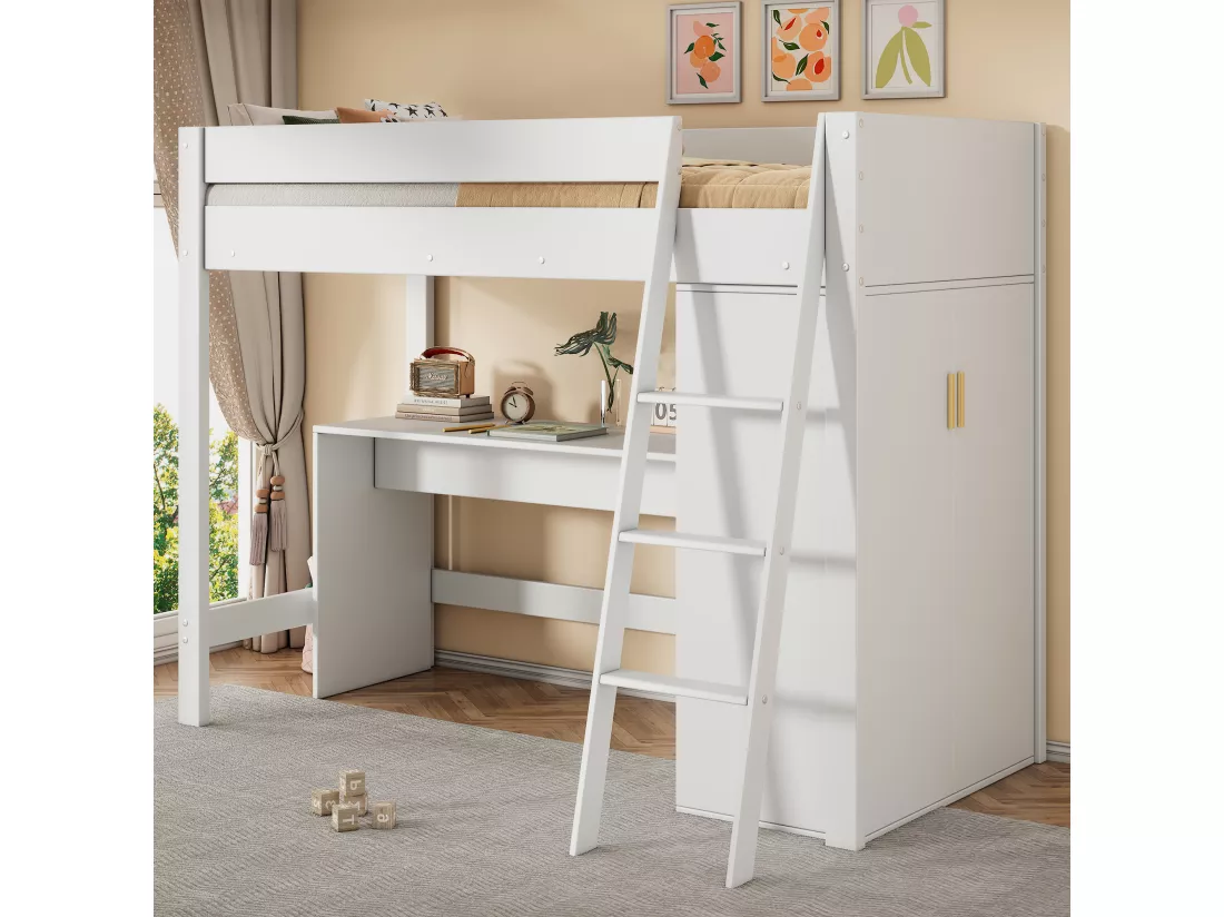Lit mezzanine 90x200cm en bois - avec bureau et armoire modulable - Blanc