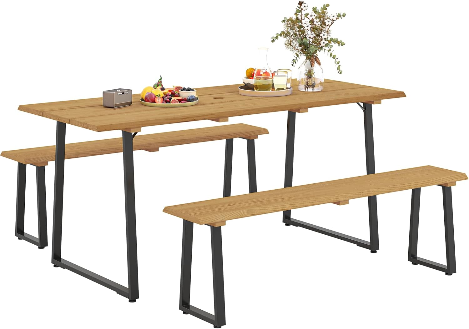 Outsunny Sitzgruppe 3-teilig Holz Essgruppe für 6 Personen Esstisch mit 2 Bänke Schirmloch Esszimmergruppe mit Holztisch Küchentisch-Set Balkonmöbel Gartenmöbel für Terrasse, Balkon Naturholz