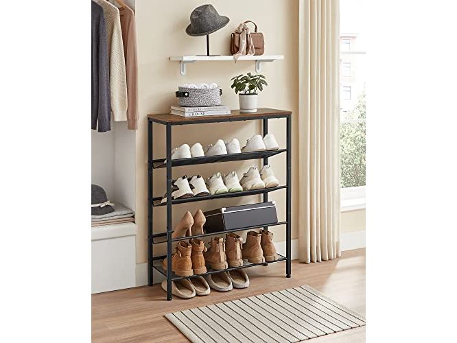 VASAGLE Schuhregal mit 5 Ablagen 75 x 93, Braun/Schwarz Schuhgestell