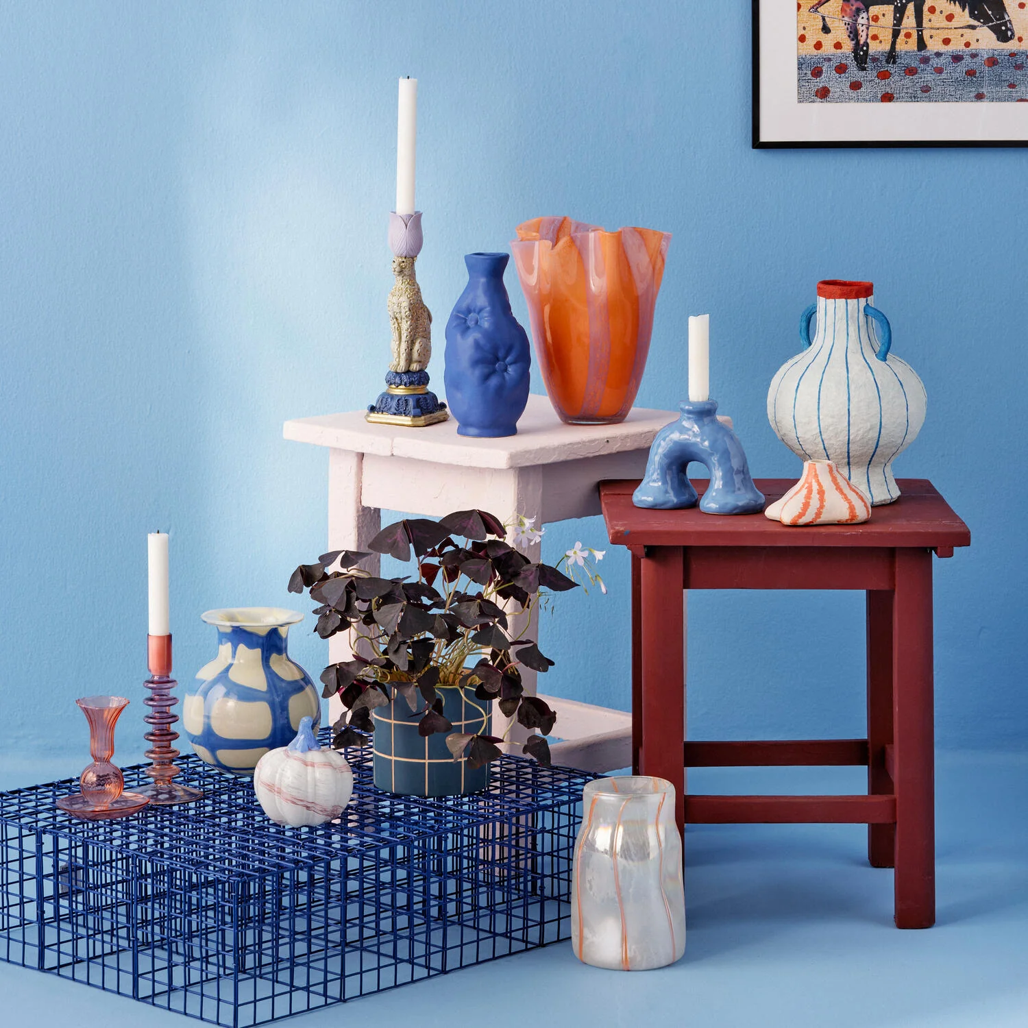 Bahne Interior  Check vase med hals, gul/blå - H17,5 cm