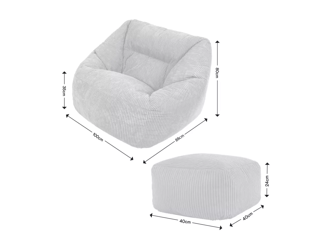 Pouf fauteuil et son repose-pieds carré velours côtelé beige - MORGAN