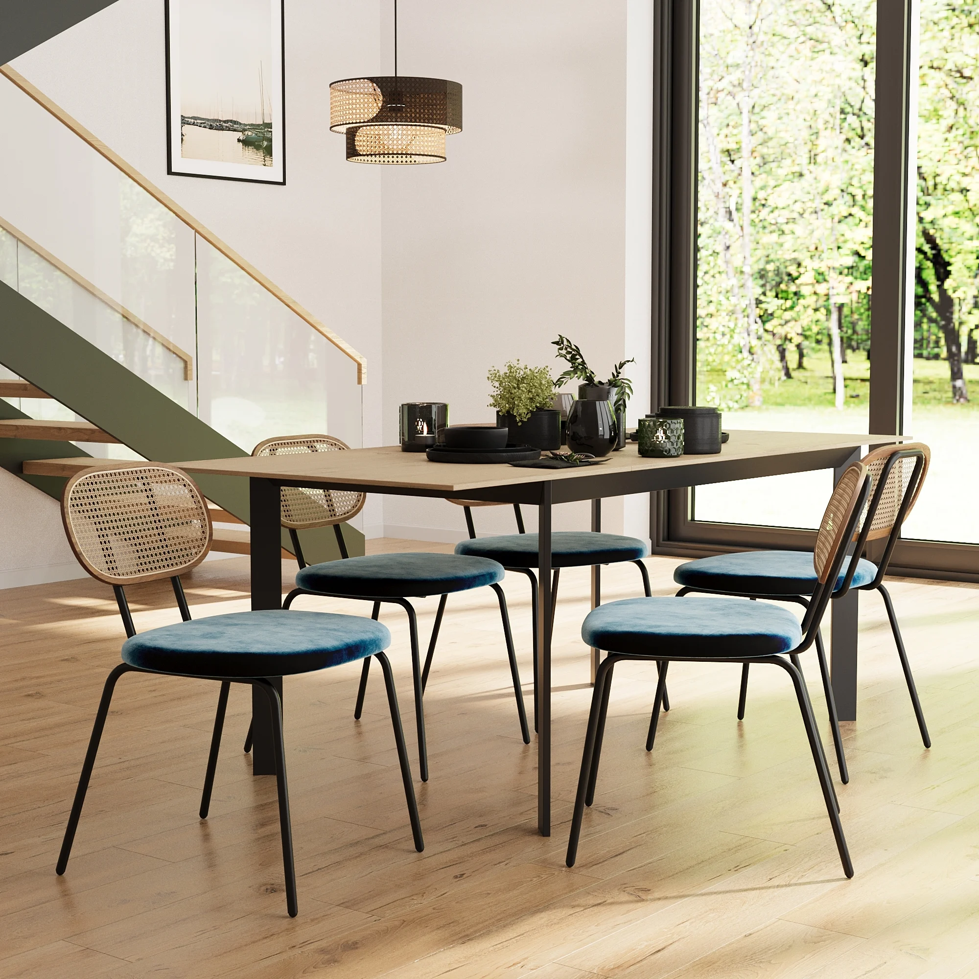 GABRIELLE - Lot de 2 chaises en rotin et velours | Bleu