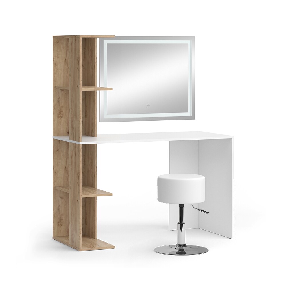 Vicco Schminktisch Tower Weiß Sonoma 122 x 55 cm mit LED-Spiegel und Hocker