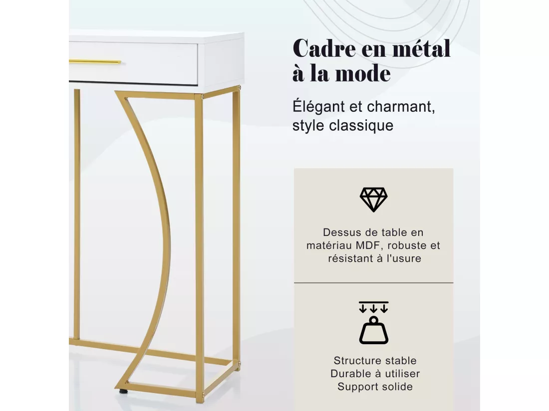 Table Console de Luxe avec 2 Tiroirs, Table d'Entrée en Métal et MDF, Table d'Appoint Élégante, Design Moderne, Blanc/Or
