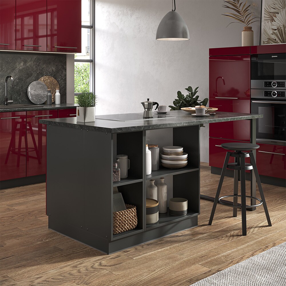 Vicco Kücheninsel Küchenblock Einbauküche Fame-Line Anthrazit Bordeaux Rot 90 cm modern Hochglanz Küchen Schränke Apothekerunterschrank Schubunterschrank Regalinselunterschrank Softclose-Scharnier Küchenmöbel
