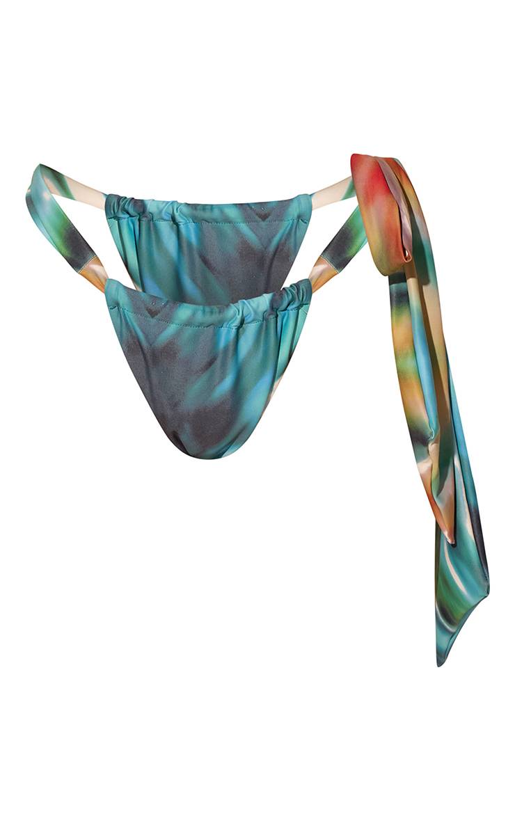 Bleu Turquoise Bas De Bikini Long À Imprimé Flou Avec Liens Sur Les Côtés