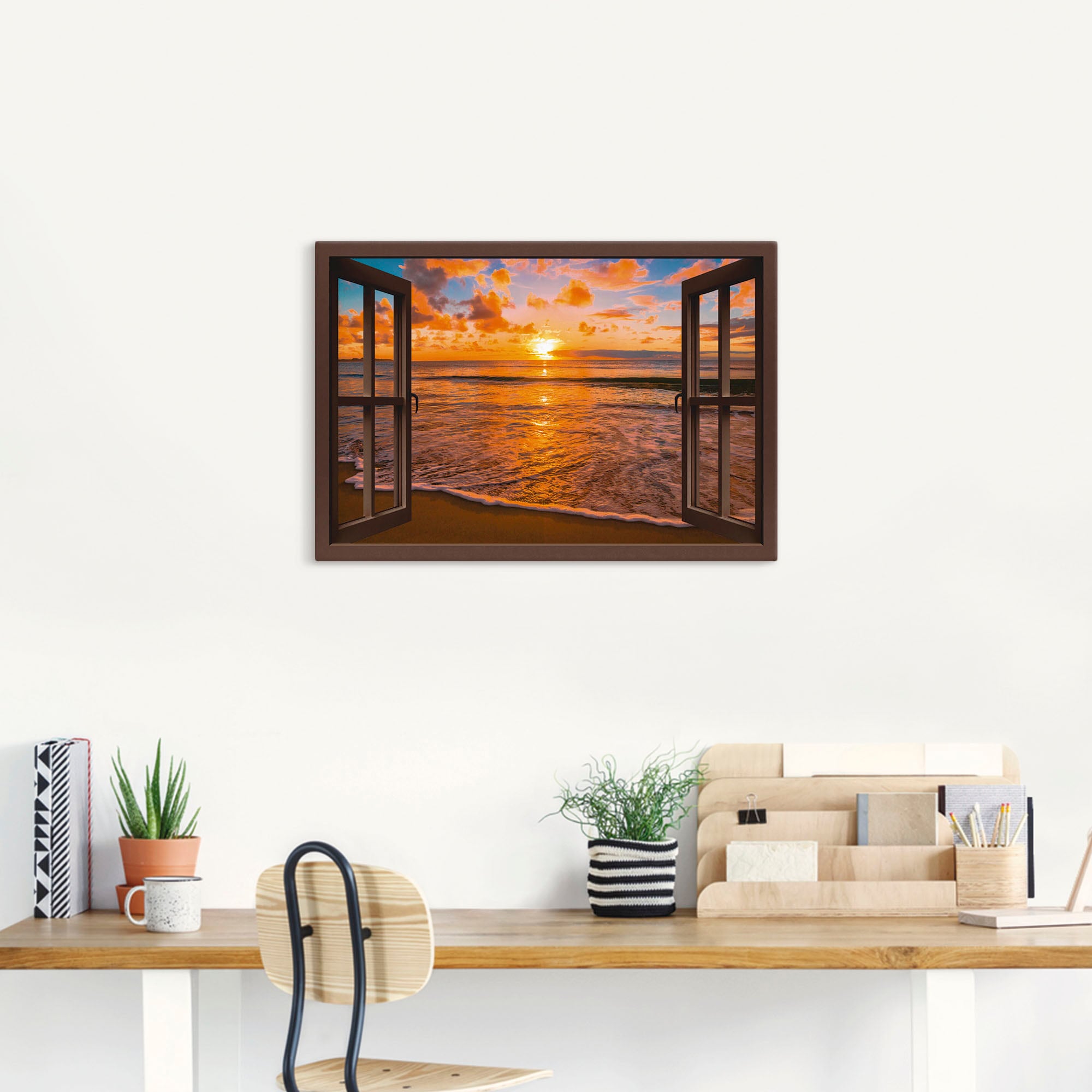 Artland Wandbild »Fensterblick Sonnenuntergang am Strand« Sonnenaufgang & -untergang 1 Stk. tlg. als Leinwandbild, Poster, Wandaufkleber in verschied. Grössen