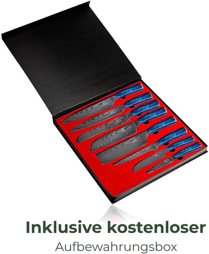 KÜCHENKOMPANE – Edelstahl Messerset Shiburu mit magn. Messerleiste als Messerblock | 8-teiliges Küchenmesser Set im Damast Design | Kochmesser mit ergonomischen Epoxid-Griff | Designed in Germany