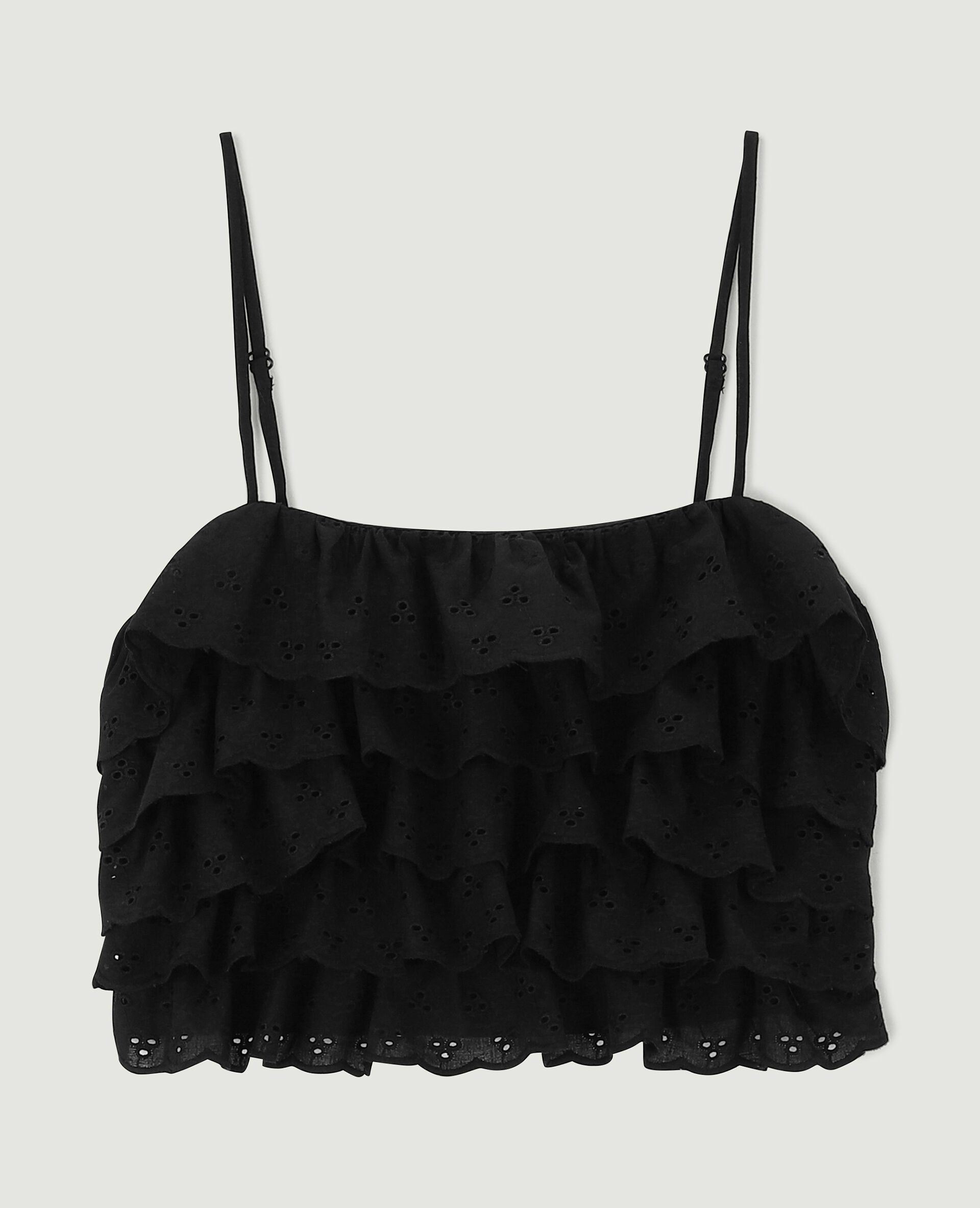 Top court à volants en broderie anglaise - Noir