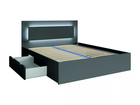 Ensemble chambre NOFI - Lit 140x200 cm avec sommier, 2 tiroirs, chevets, armoire et commode - gris graphite