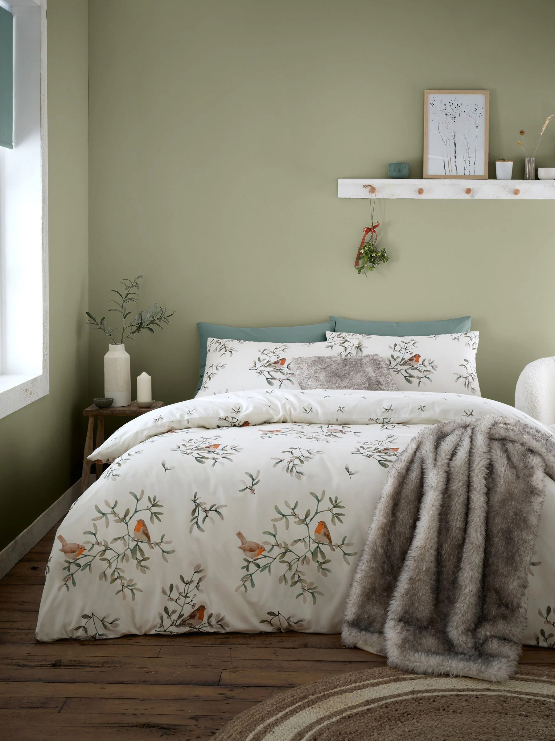 Catherine Lansfield Supersoft 100% Brushed Cotton Christmas Robins Duvet Cover Set