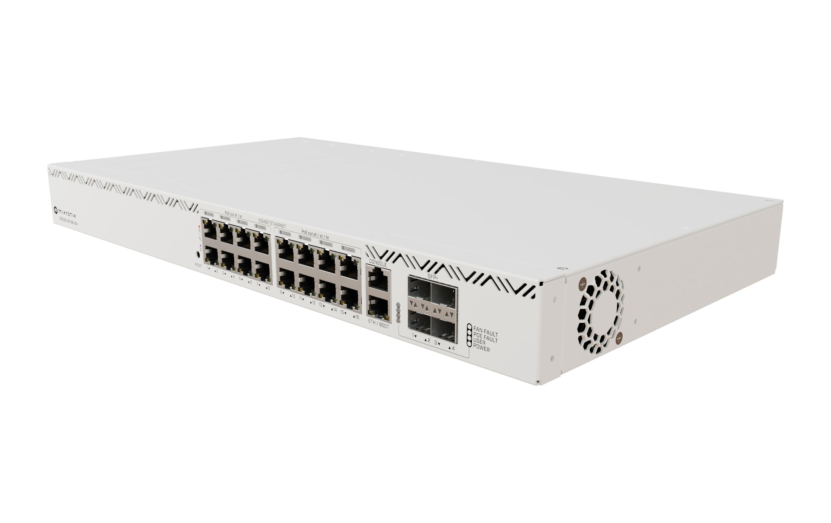 PoE++ Switch CRS320-8P-8B-4S+RM 21 Port<br>Der erste MikroTik PoE++ (802.3bt) Switch – für eine einfache und kostengünstige Stromversorgung von 4K Sicherheitskameras, Werbedisplays und industriellen Automatisierungssystemen
