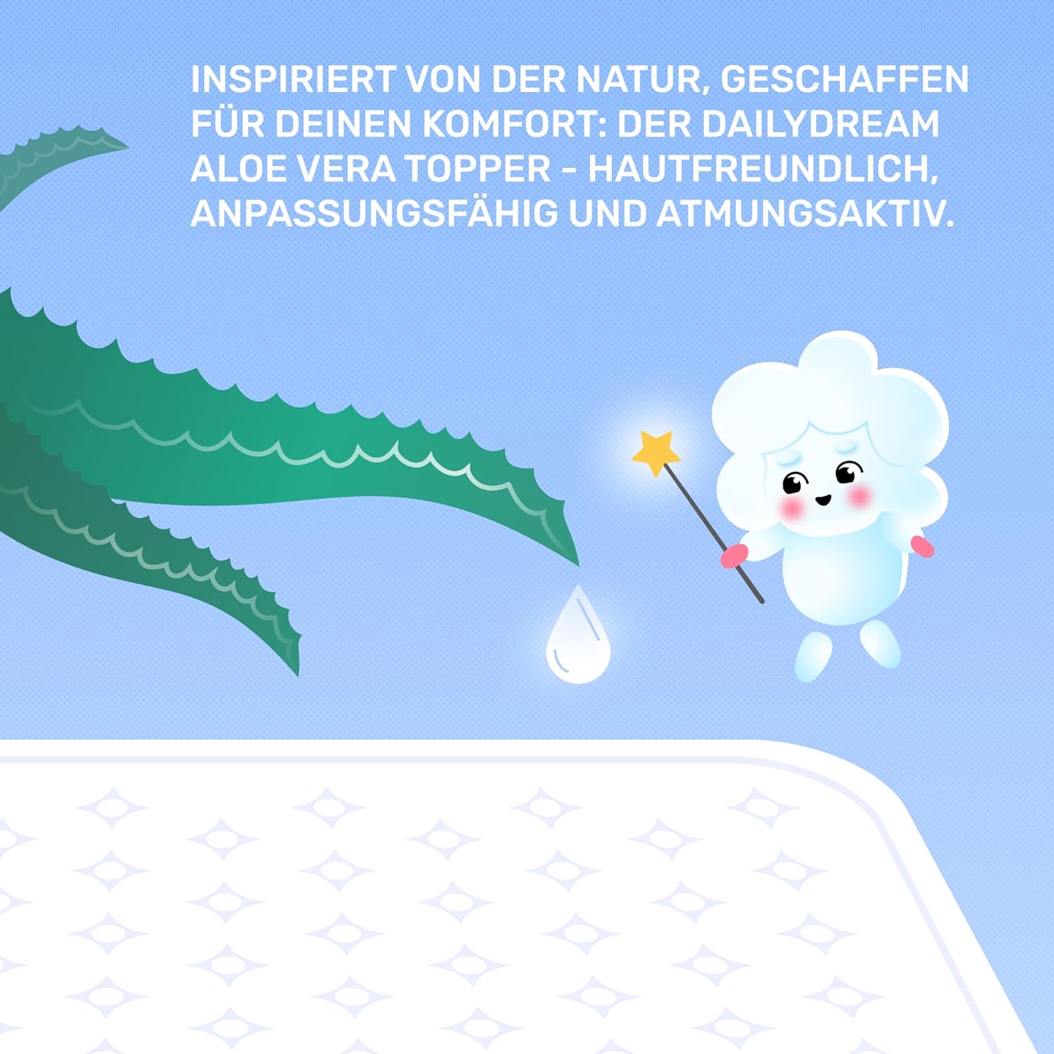 Dailydream Matratzen Topper 180x200cm | Memory Foam | 5cm hoch | Edition Aloe Vera, Model M | Zertifiziert & ergonomisch für unbequeme Matratze, Boxspringbett & Gästebett | Mattress Topper 180x200