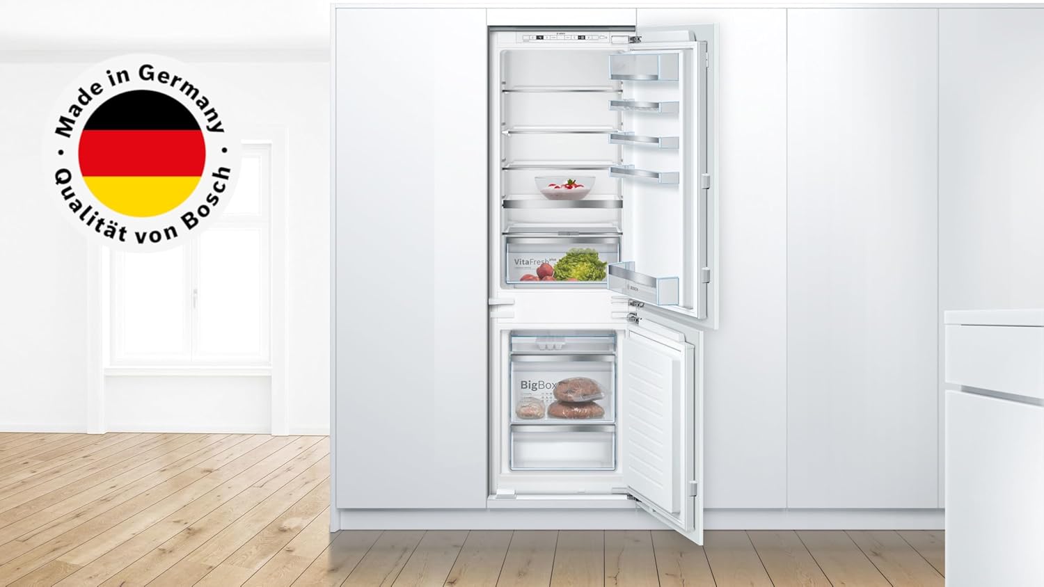 Bosch KIS86AFE0 Serie 6 Einbau-Kühl-Gefrier-Kombination, 177,5 x 56cm Nische, 191L Kühlen & 74L Gefrieren, Flachscharnier, Made in Germany, VitaFresh plus 2x längere Frische, LowFrost seltener abtauen