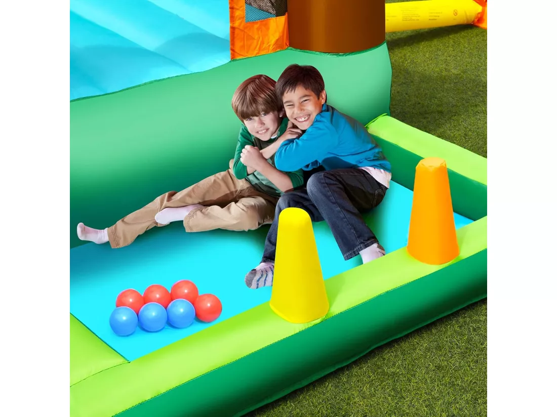 Aire de Jeux Gonflable Enfant avec Souffleur 610W Pataugeoire Mur d'Escalade Canon à Eau Trampoline Intégré Balles Colorées