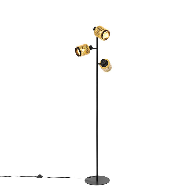 Industriële vloerlamp zwart met goud 3-lichts - Kayden