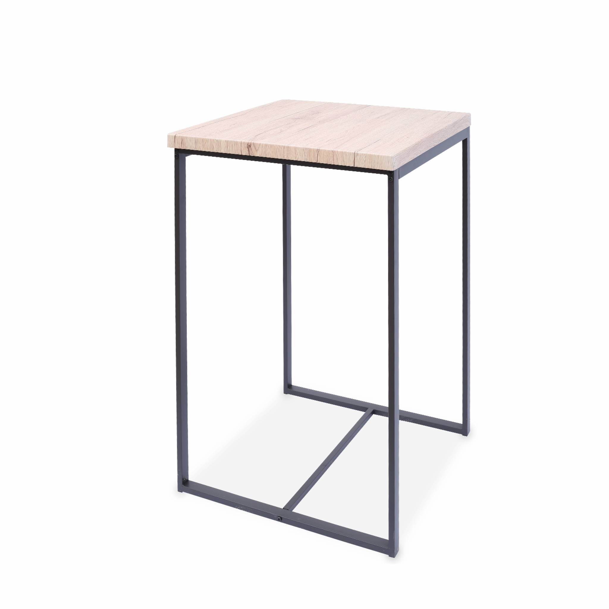 Set table haute carré - loft - avec 2 tabourets de bar. Acier et décor bois. Encastrable. Design