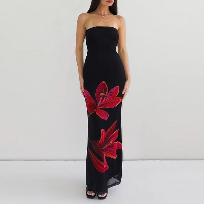 MOONGATE - Strapless maxi-jurk met bloemenprint en open rug