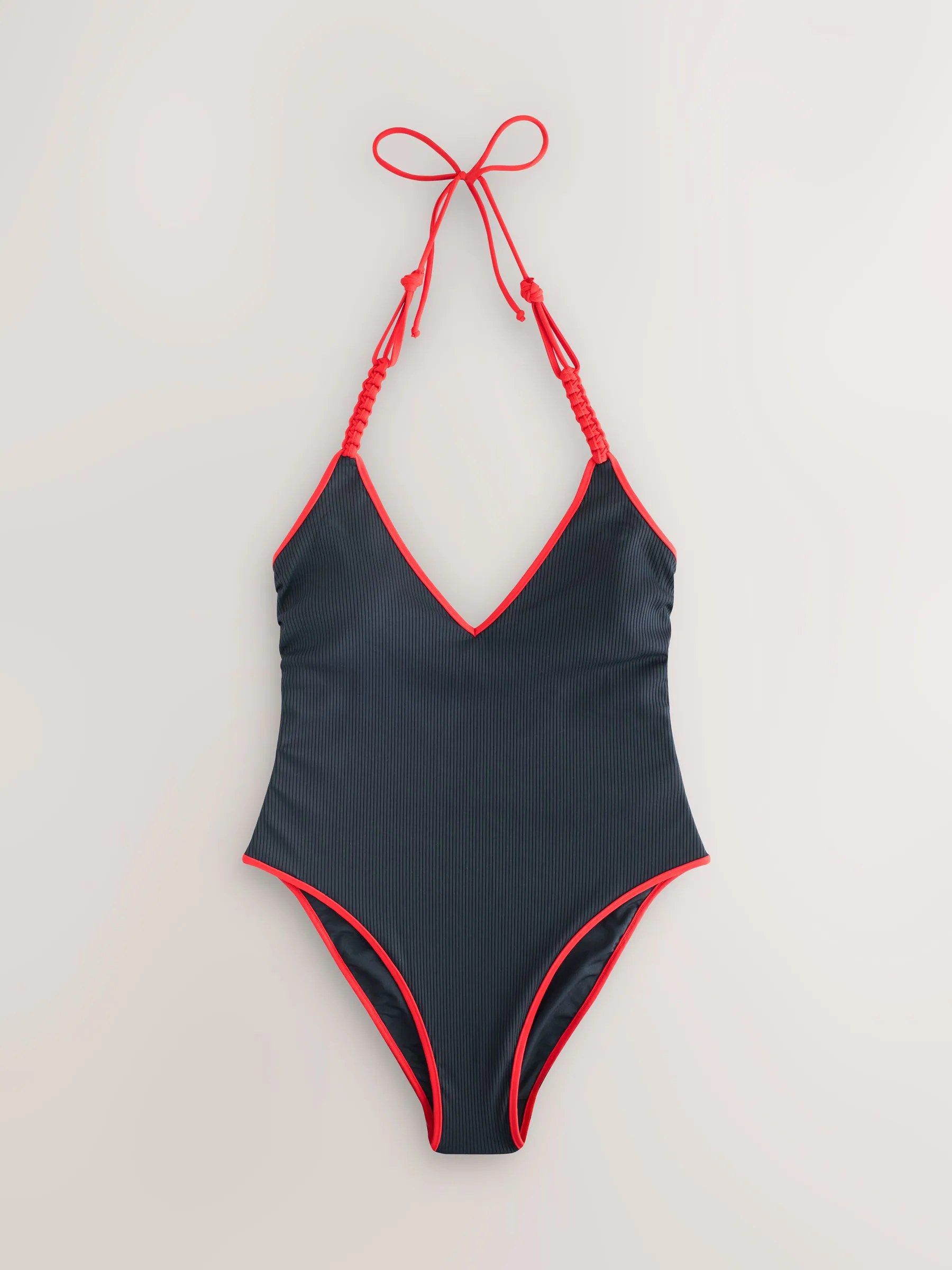Marineblauw geribbeld/rood - Buikcorrigerend, diepuitgesneden badpak met gevlochten halterbandjes