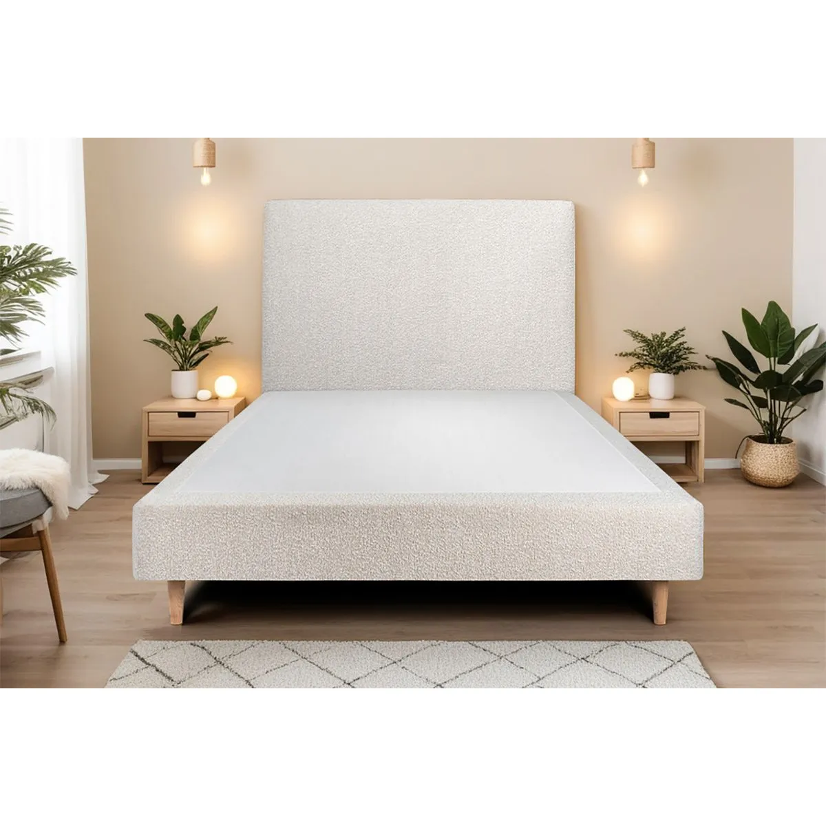 Lit Sommeil de plomb 135x190cm - Tête tapissier Bouclette Beige