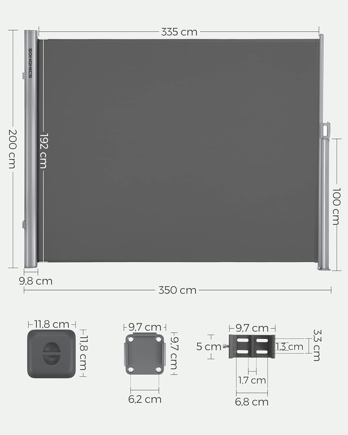 SONGMICS Alu-Seitenmarkise, ausziehbar, 200 x 350 cm, Blickdicht, Sonnenschutz, blickdicht, Seitenrollo, für Balkon, Terrasse, Garten, anthrazit GSA205G