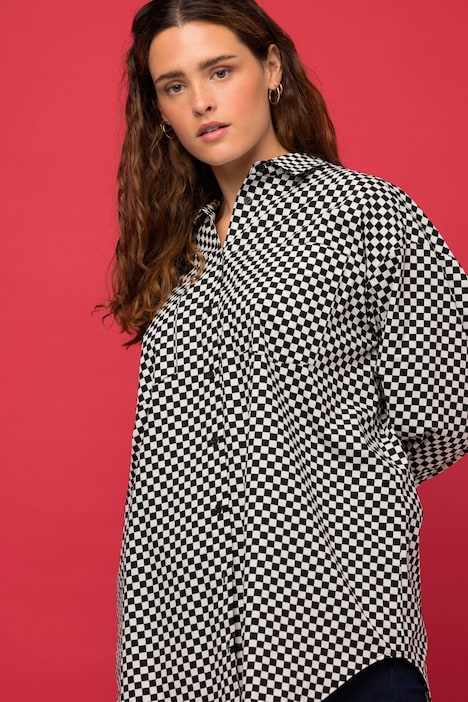 Hemdbluse, Oversized, Schachbrett-Karo, Hemdkragen, Langarm
