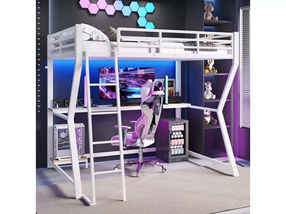 Lit mezzanine 90 x 200 cm avec bureau, prise+USB et étagères - Lumière d'ambiance - Métal - Blanc (sans matelas)