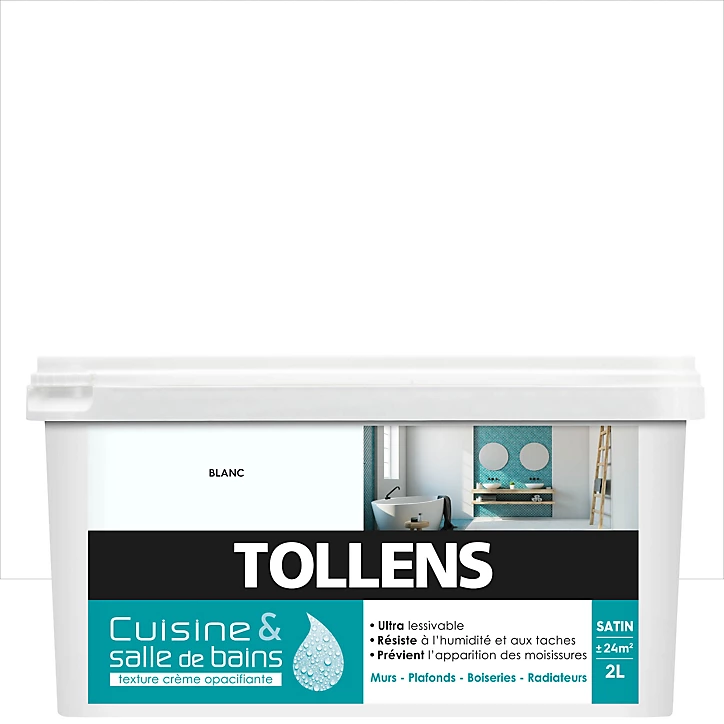Peinture murs et plafonds Cuisine et bains satin blanc Tollens 2 L