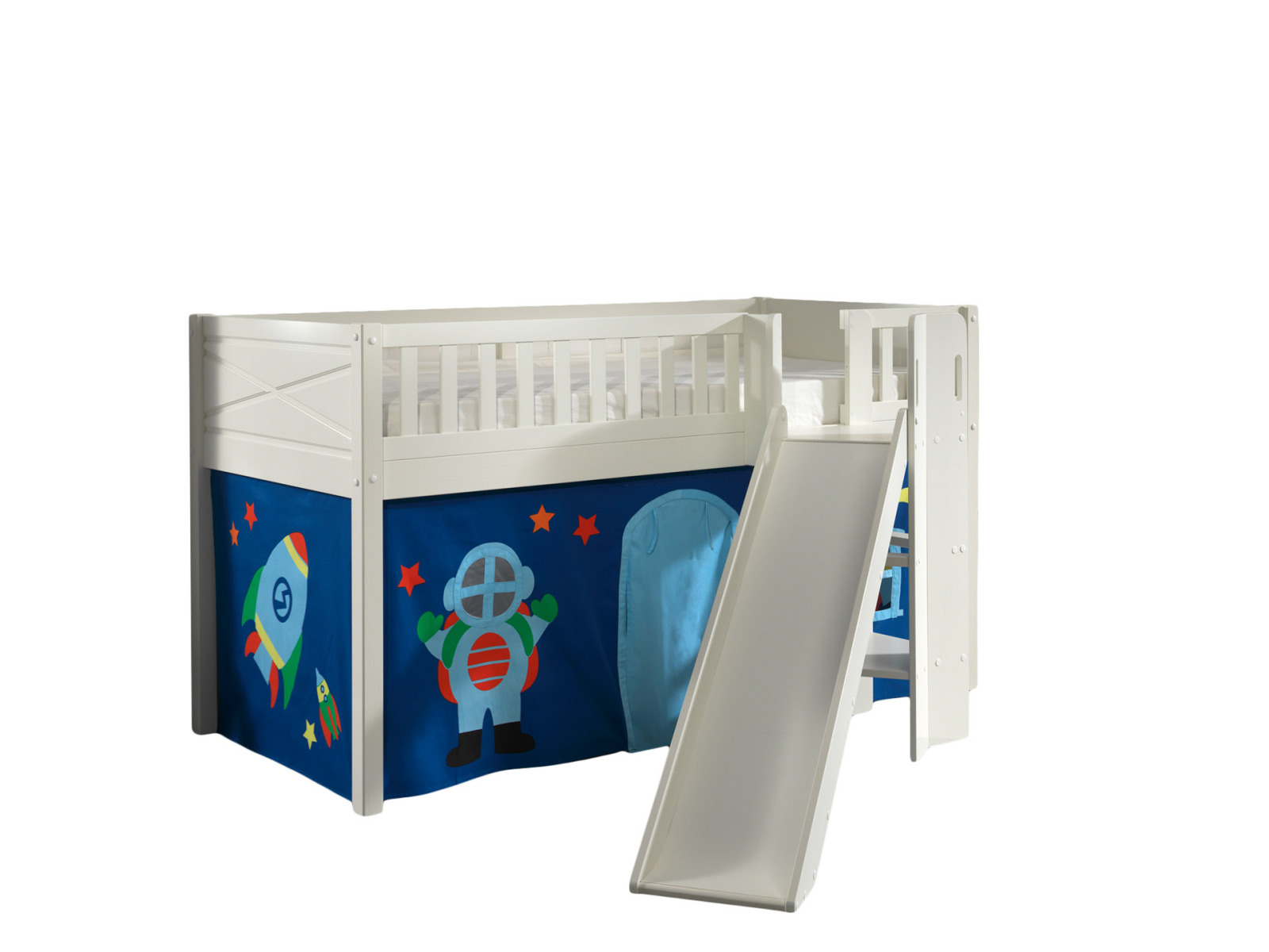 Spielbett SCOTT - weiß - Astro - mit Rutsche, Vorhang und Leiter - 90x200 cm
