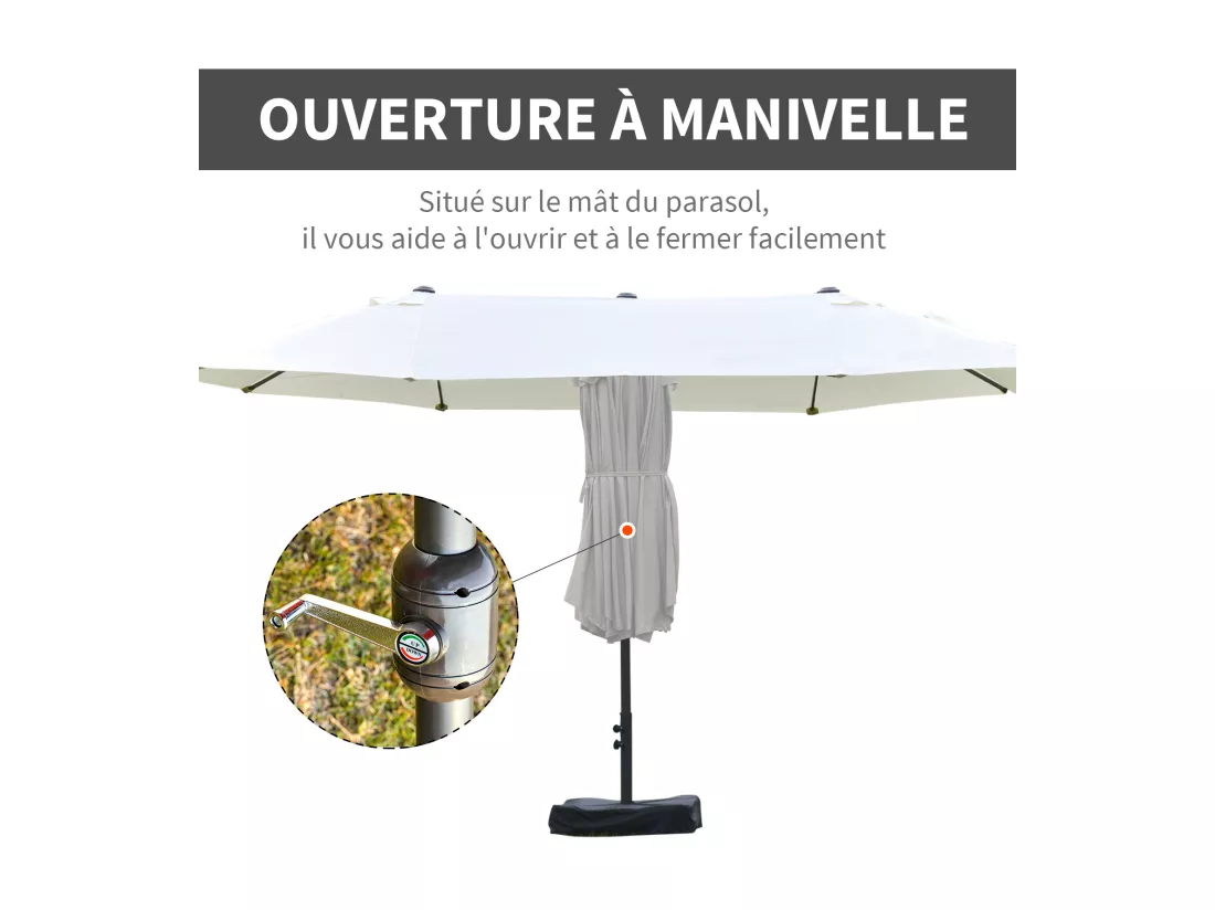 Parasol de jardin XXL parasol grande taille 4,6L x 2,7l x 2,4H cm ouverture fermeture manivelle acier polyester haute densité crème