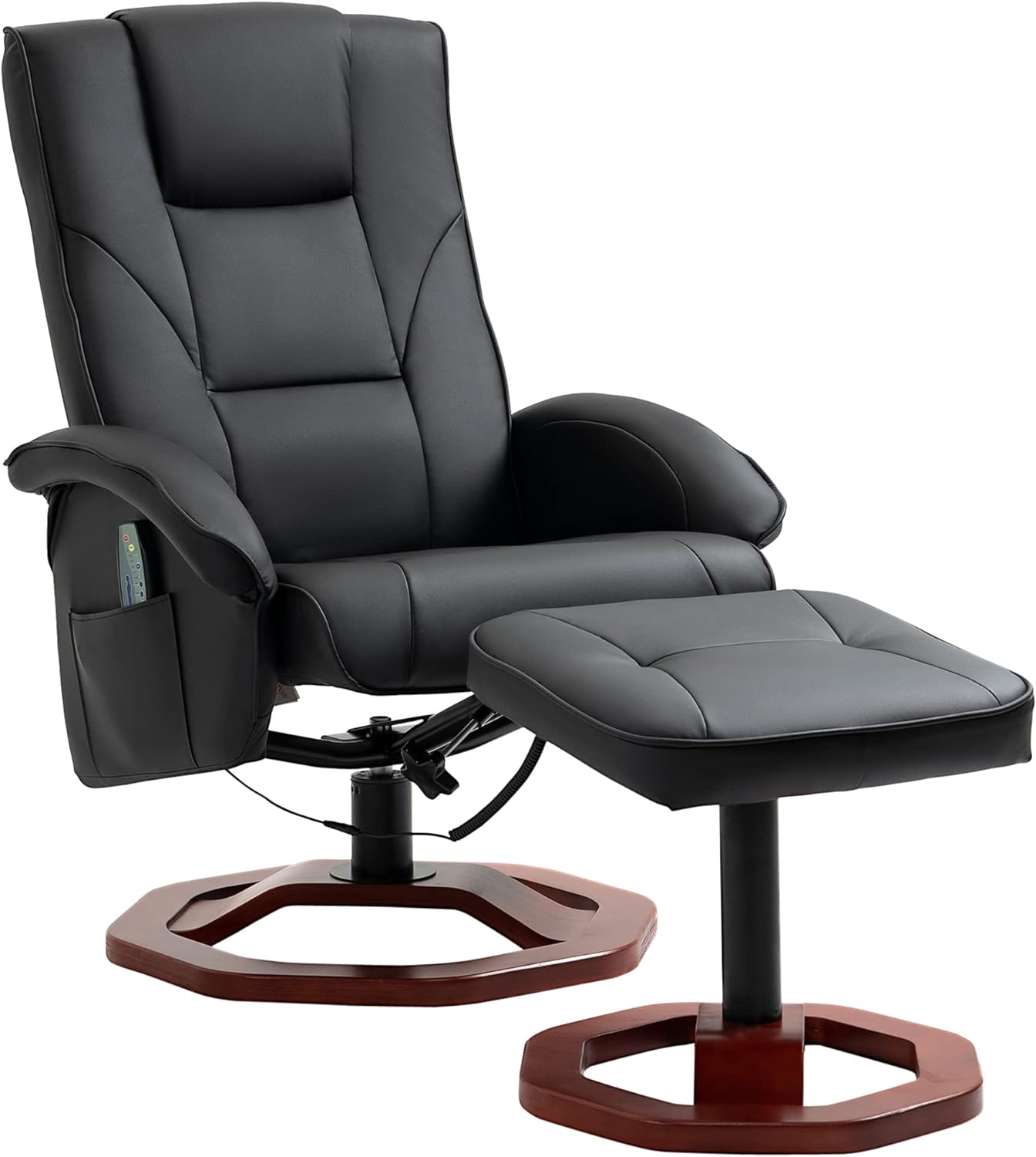 HOMCOM Sill&oacute;n de masaje con reposapi&eacute;s, funci&oacute;n de descanso, funci&oacute;n de descanso, sill&oacute;n reclinable con funci&oacute;n de masaje, giratorio 360&deg;, piel sint&eacute;tica, acero negro+marr&oacute;n, 73 x 83 x 106 c