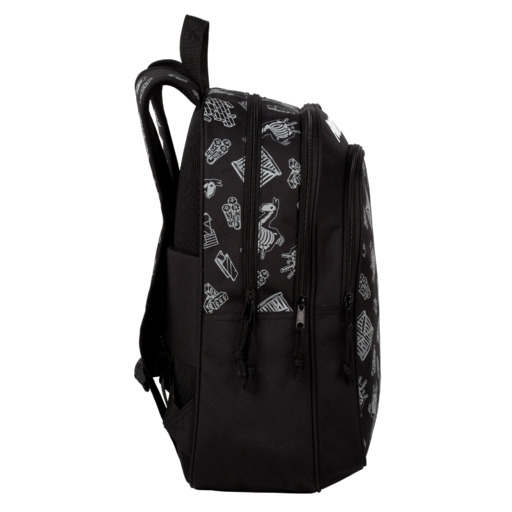Mochila escolar Fortnite preta escura, com dois compartimentos e adaptável a carrinhos.
