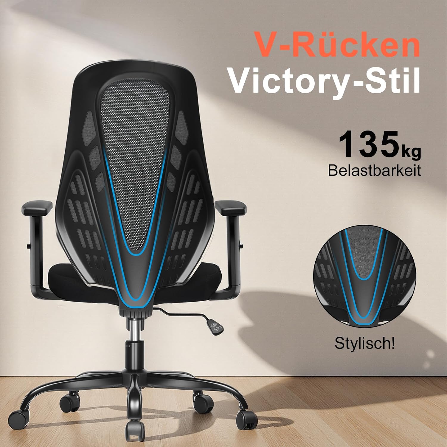 COMHOMA Ergonomischer Bürostuhl Schreibtischstuhl mit Verstellbaren Armlehnen, Gamingstuhl atmungsaktives Mesh, V-förmige Rückenlehne, Wippfunktion, Hochdichter Schaumstoffsitz, Schwarz