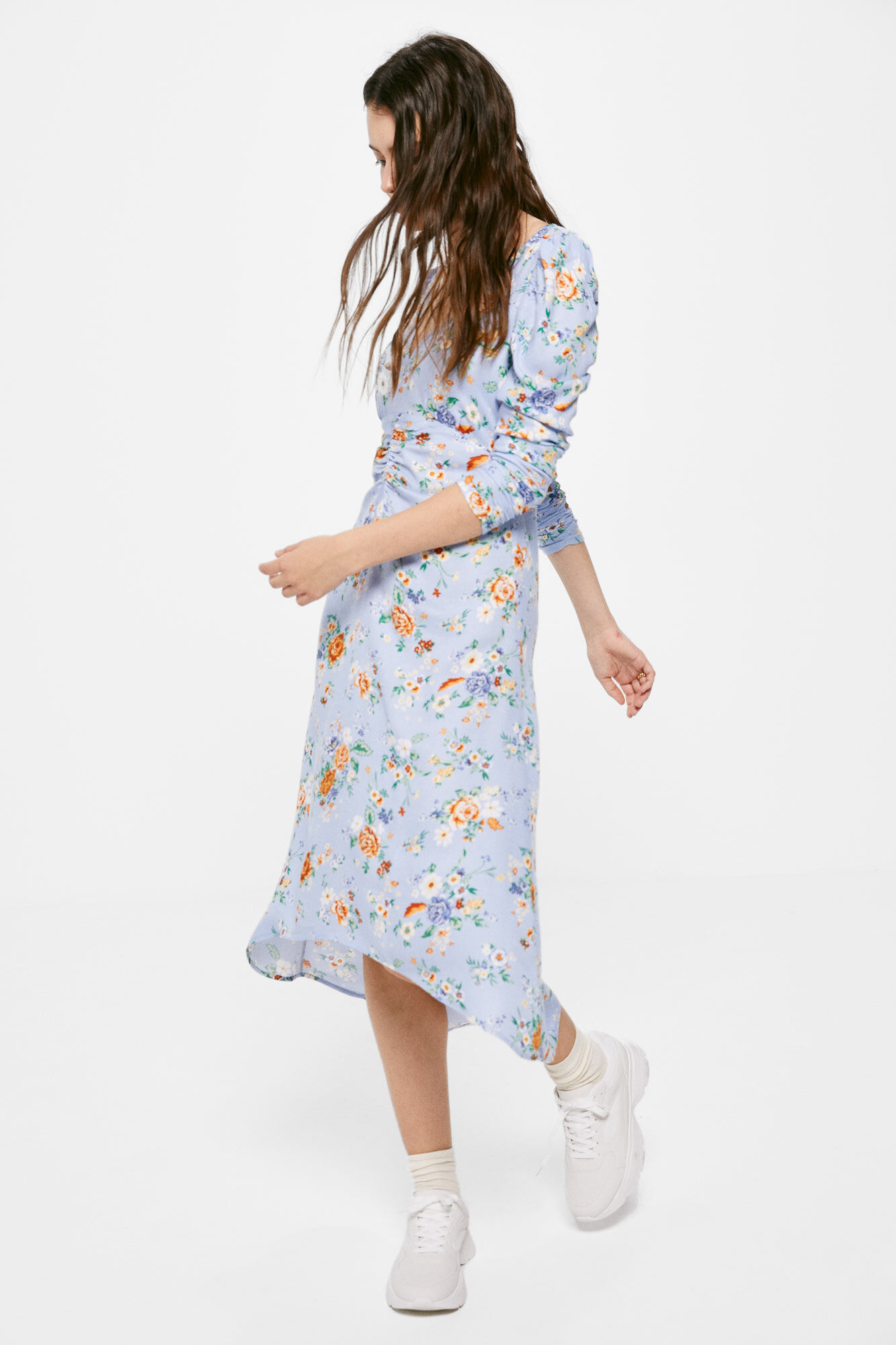 Vestido midi assimétrico com estampa - Azul médio