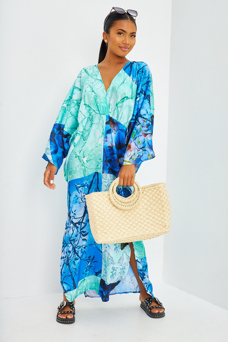 Robe maxi à imprimé végétal style patchwork bleue et verte