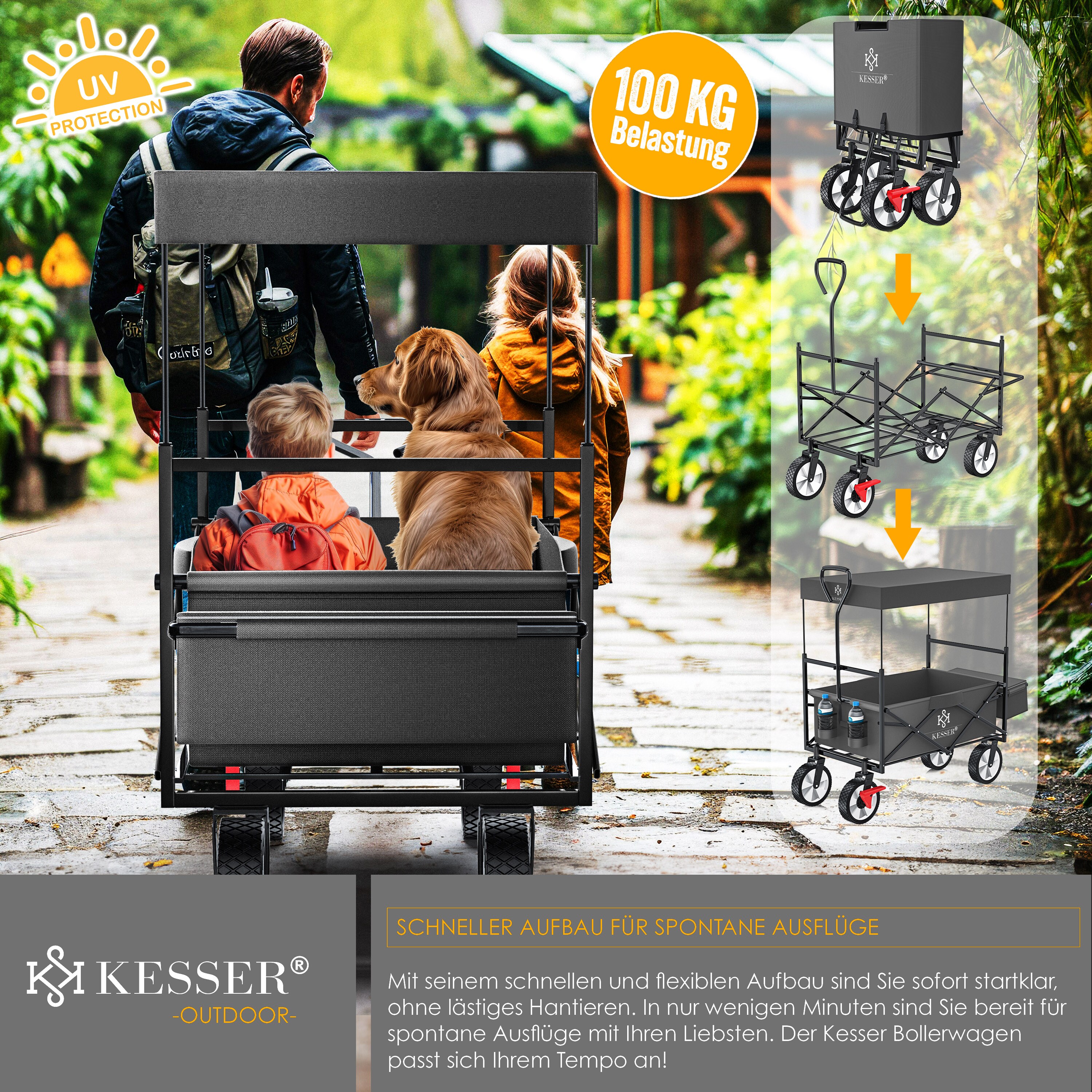 KESSER® Bollerwagen faltbar mit Dach Handwagen Transportkarre Gerätewagen | inkl. 2 Netztaschen und Einer Außentasche | klappbar | Vollgummi-Reifen | bis 100 kg Tragkraft | Mit Vorderrad-Bremse