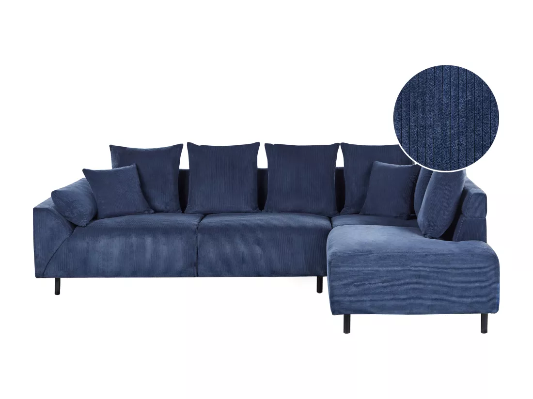 Canapé d'Angle à droite Moderne en Velours Côtelé Coussins en Tissu Pieds en Métal Bleu Lunner