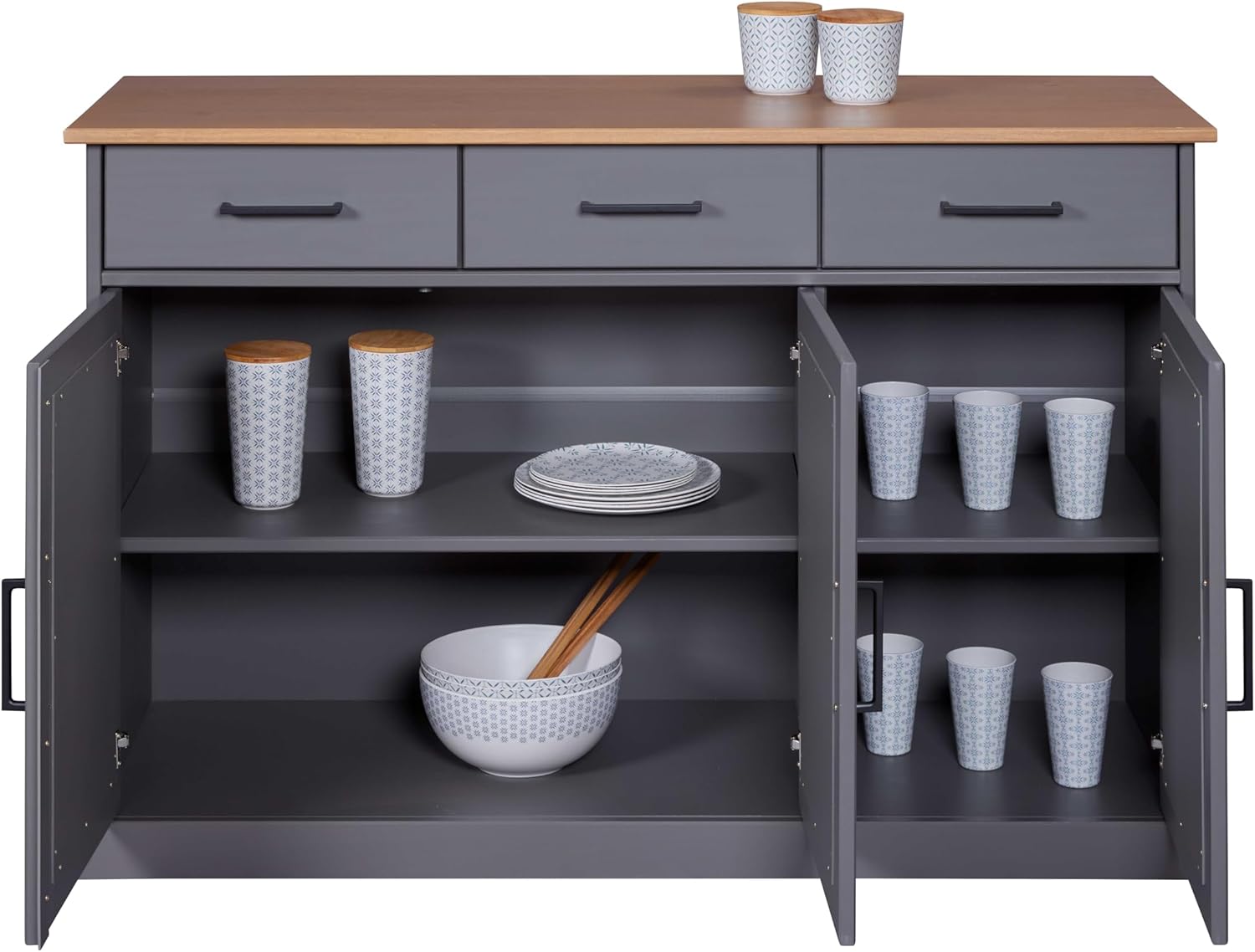 Inter Link – Kommode – Anrichte - Buffet – Sideboard – Kiefer massivholz – FSC - 3 Türen – 3 Schubladen – Landhausstil – Forenzo - Forenzo 3T3Sgrau - Grau/Oak Colori