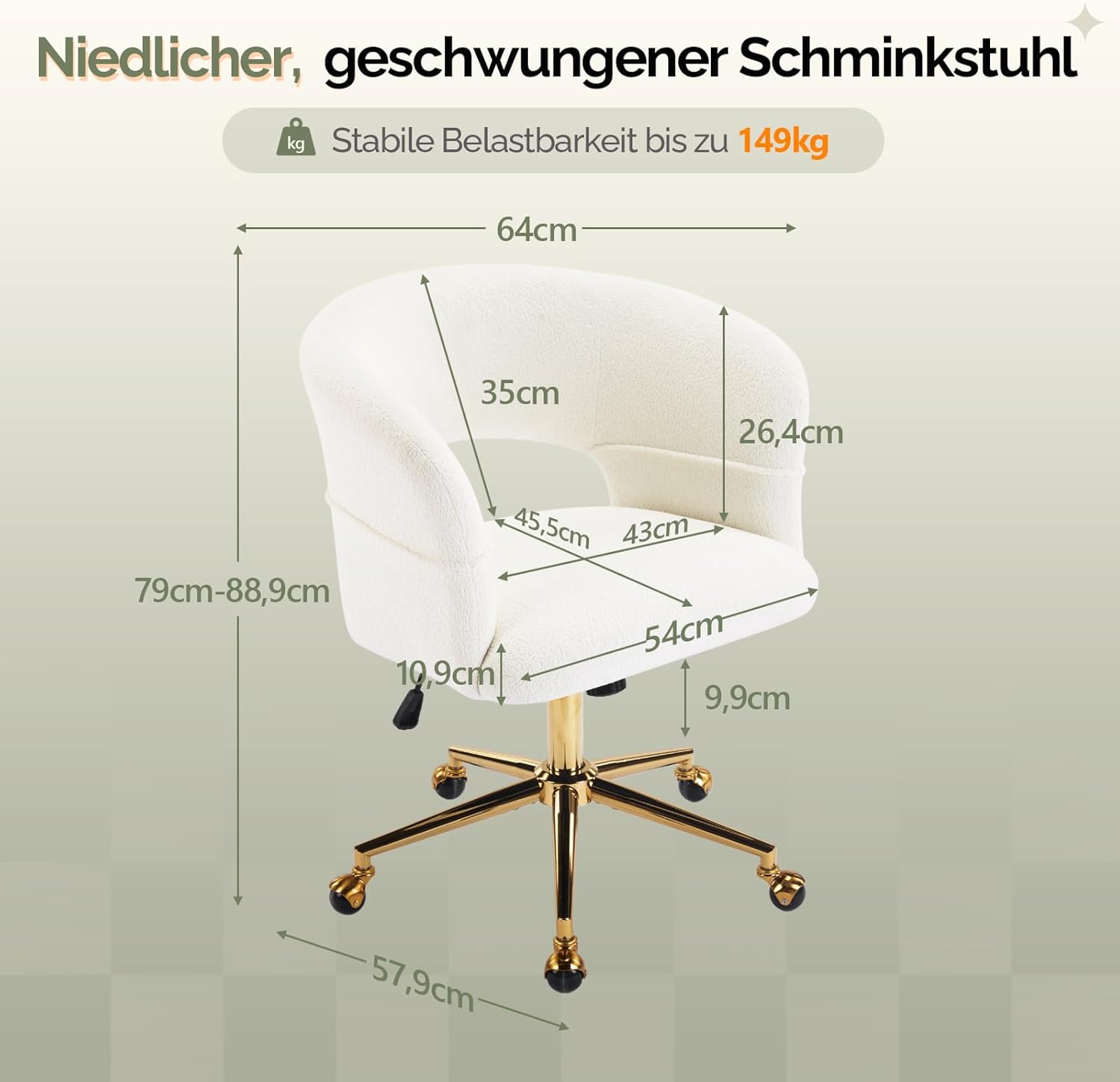 Bonnlo Bürostuhl mit Rollen, Drehstuhl mit goldenen Nieten, Schminktisch Stuhl bis 150KG, Höhenverstellbar Schreibtischstuhl für Arbeitszimmer, Schlafzimmer, Homeoffice, Samt-Chenille-Stoff (Weiß)