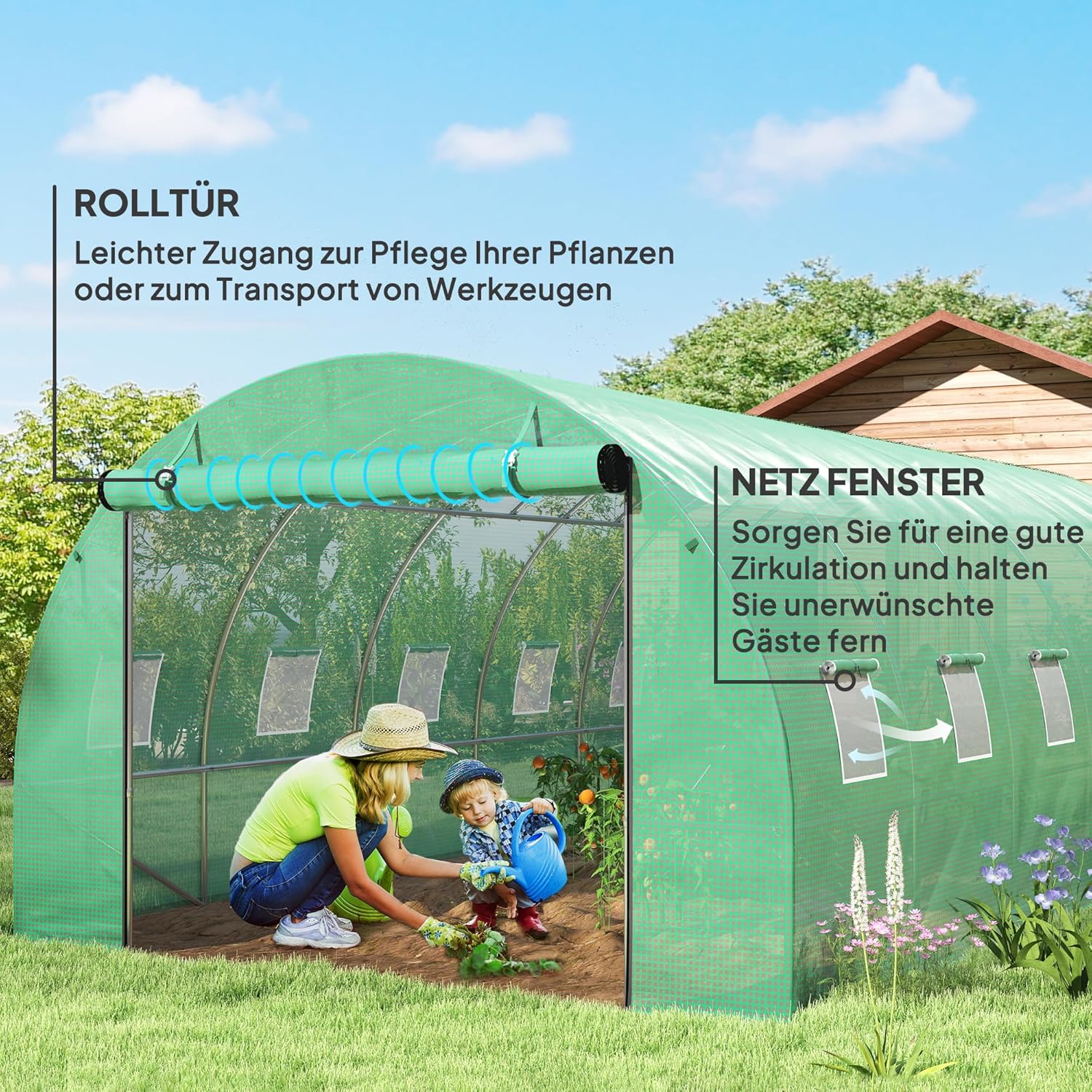 Outsunny Gewächshaus 300x600x200cm Foliengewächshaus Tomatenhaus mit Tür, 12 Fenster, Folientunnel aus verzinktem Stahl, 170g/m² PE, stabiles pflanztunnel, Treibhaus inkl. Erdanker & Seilen, Grün