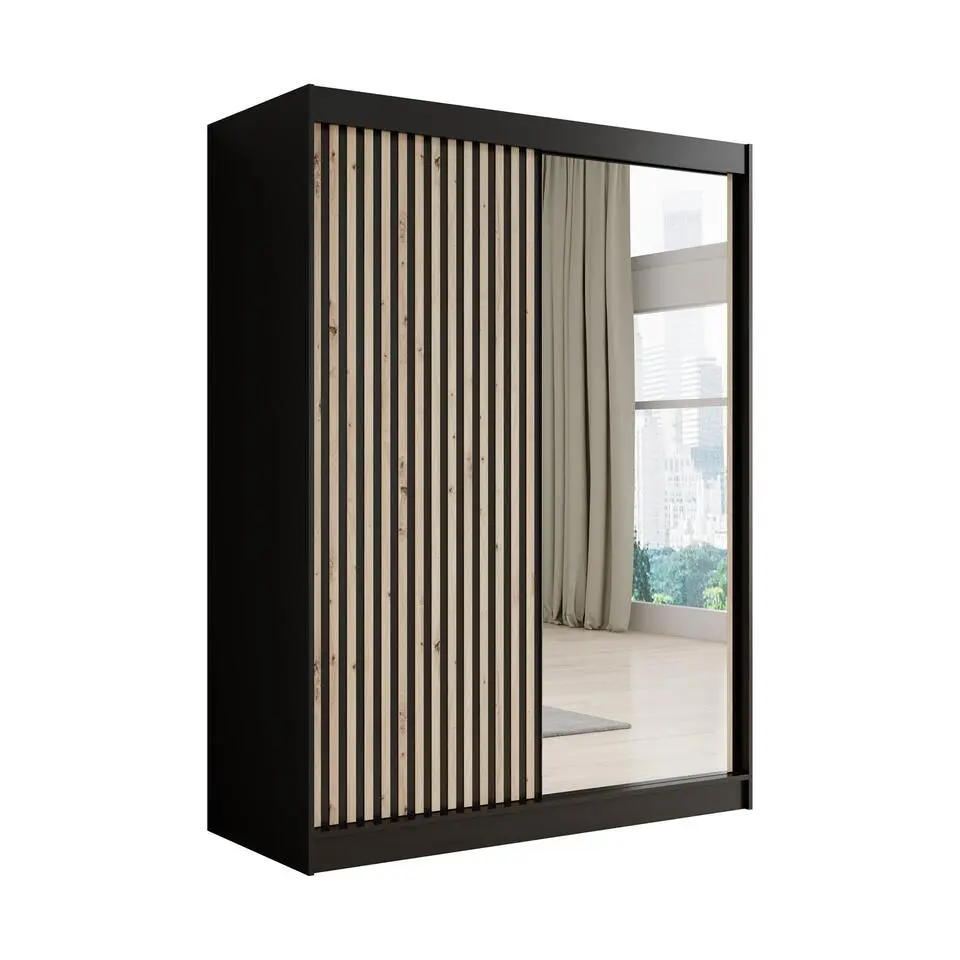 Meubella - Kledingkast Lisbon 2 - Zwart - 150 cm - Met spiegel