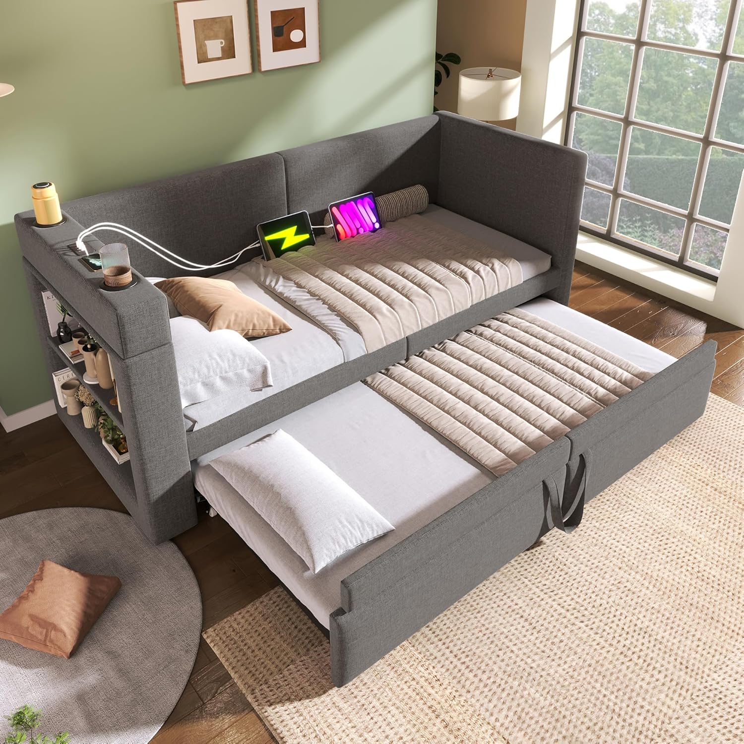 Polsterbett Ausziehbares Schlafsofa 90/180 x 200 cm, Einzelbett Daybett mit USB Type-C Ladefunktion, Armlehnen mit Getränkehalter und Regal, Leinen, ohne Matratze, Dunkelgrau