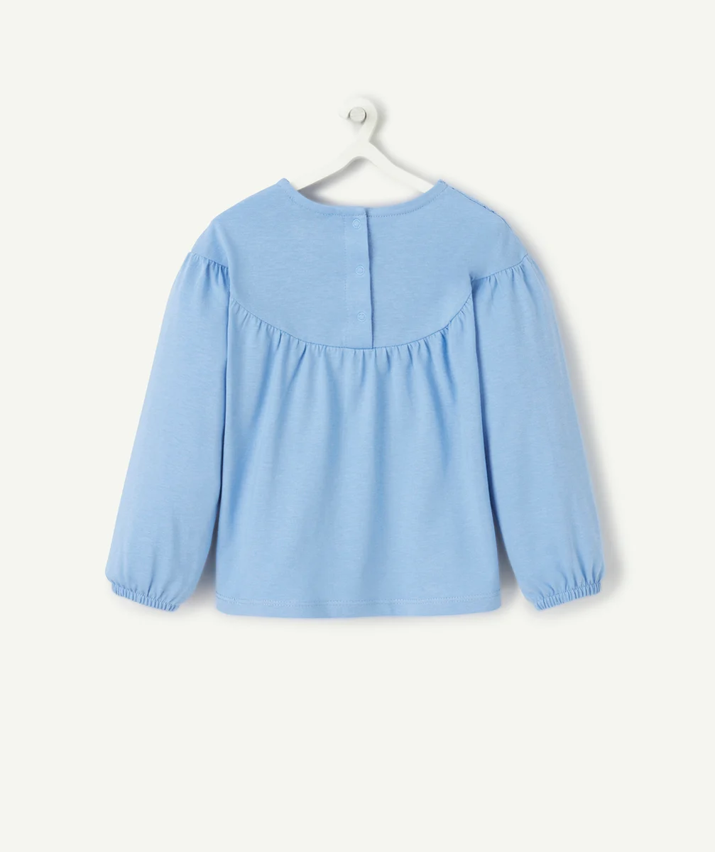 T-SHIRT BLEU BÉBÉ FILLE EN COTON BIO ET BRODERIE ANGLAISE
